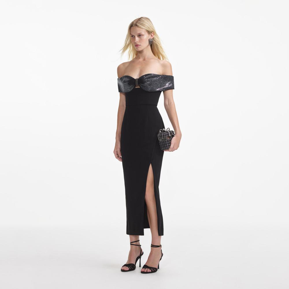 SELF PORTRAIT VIP SS24 Black Crepe Bow Midi Dress