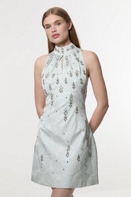 Karen Millen UK SALE Texture Jacquard Crystal Embellished High Neck Woven Mini Dress - sage