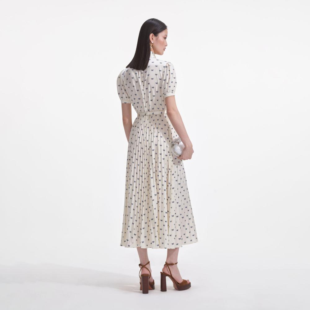 SELF PORTRAIT SS25 VIP PRICE Cream Satin Bow Print Midi Dress