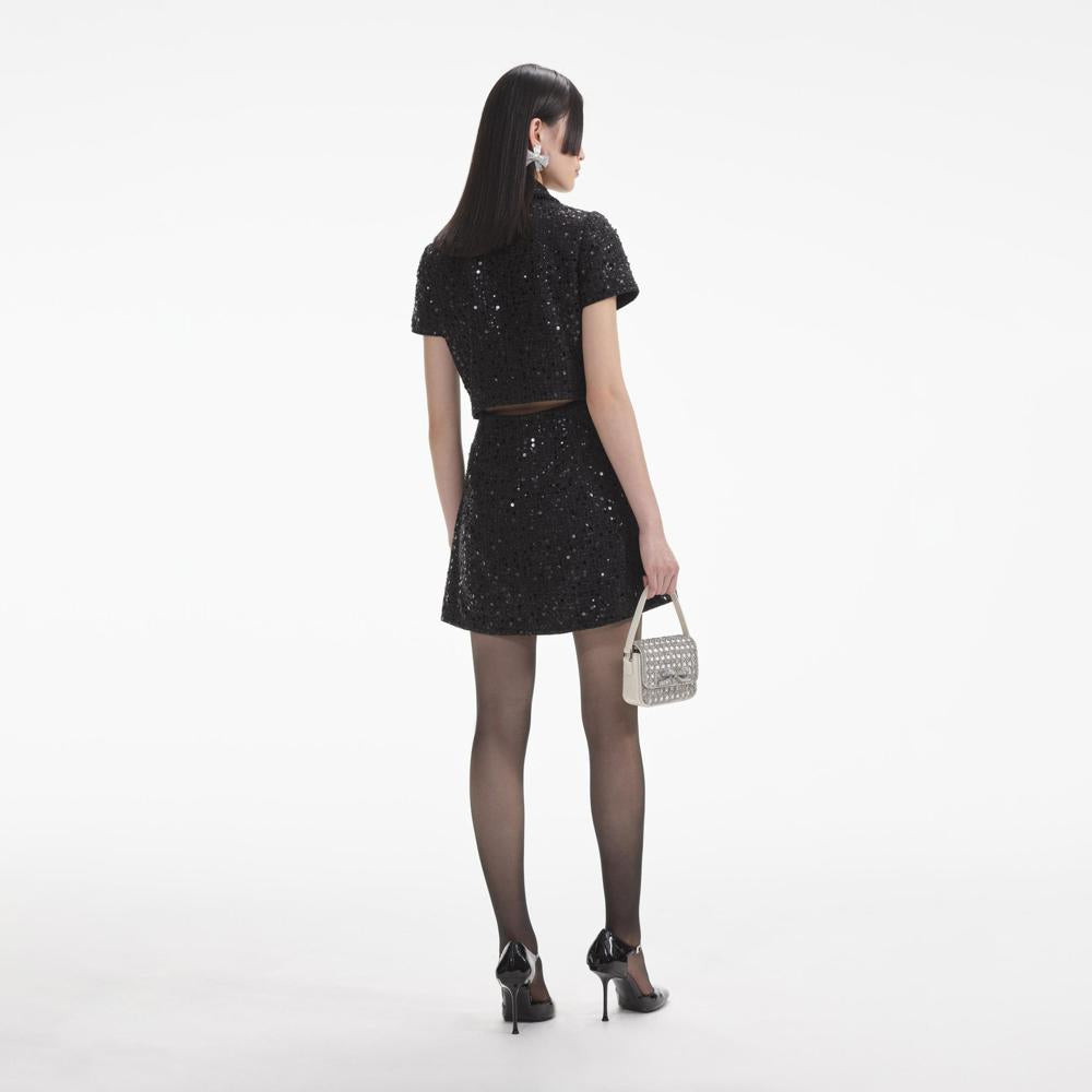 SELF PORTRAIT SS24 Black Sequin Boucle Mini Dress