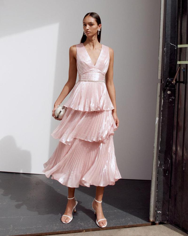 SP VIP PRICE Pink Metallic Tiered Midi Dress