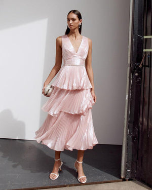 SP VIP PRICE Pink Metallic Tiered Midi Dress