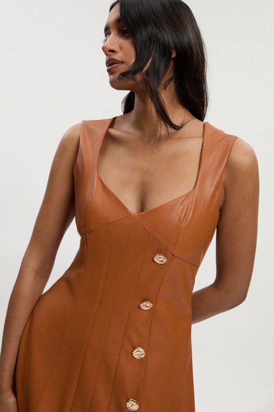 Karen Millen UK SALE Faux Leather Button Detail Sleeveless Midi Dress