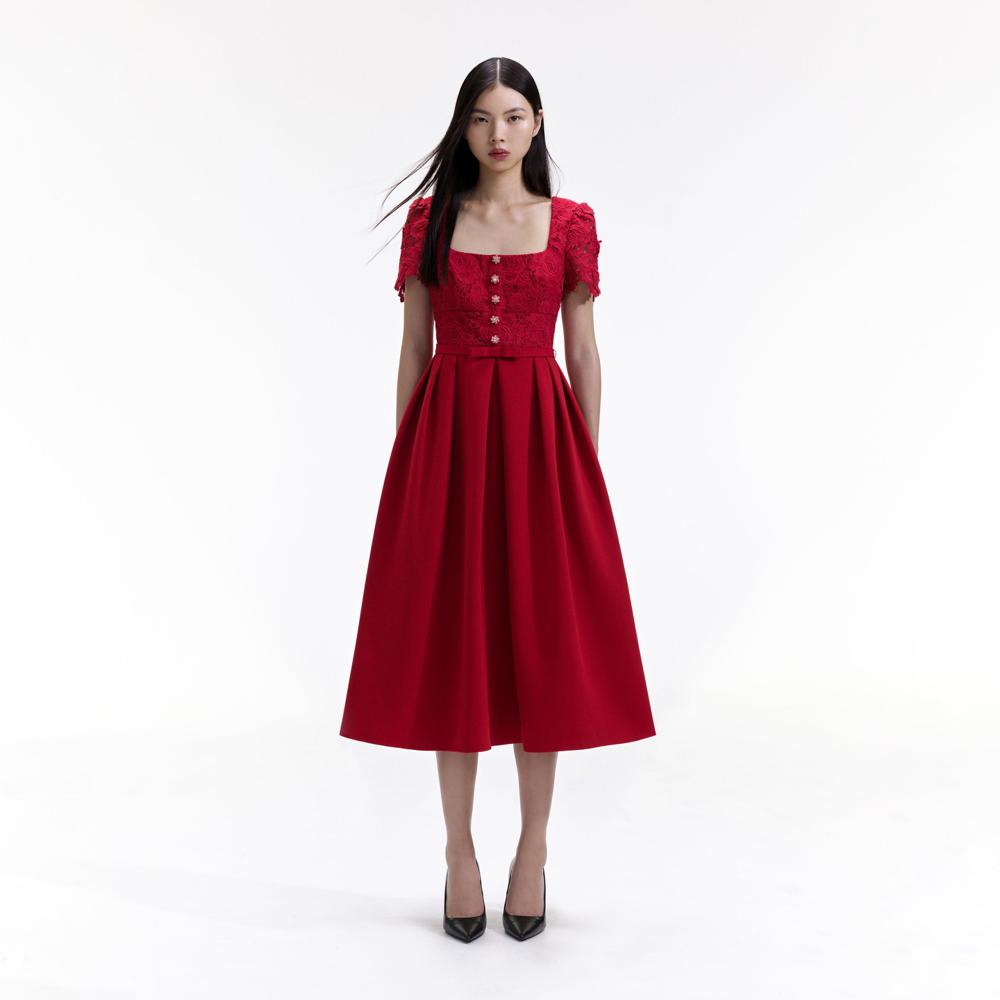 SELF PORTRAIT BLACK FRIDAY SALE Red Lace Crepe Midi Dress