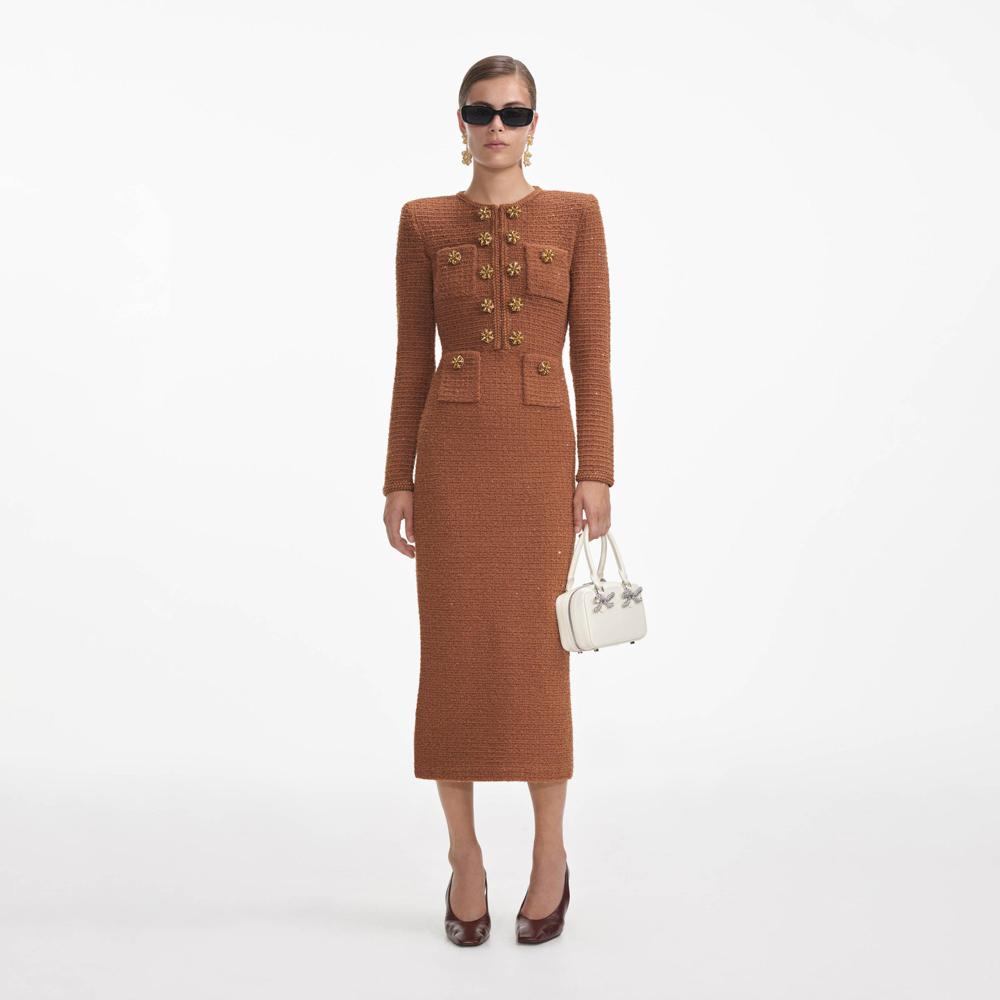 SELF PORTRAIT SS24 Brown Textured Knit Midi Dress