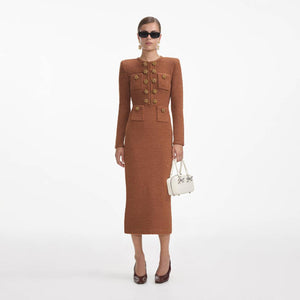 SELF PORTRAIT SS24 Brown Textured Knit Midi Dress