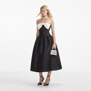 SELF PORTRAIT SS24 Black Taffeta Contrast Bow Midi Dress