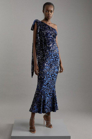 Karen Millen UK SALE Velvet Sequin One Shoulder Woven Maxi Dress - navy