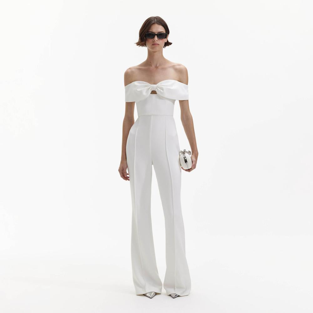 SELF PORTRAIT BLACK FRIDAY SALE White Crepe Bow Jumpsuit