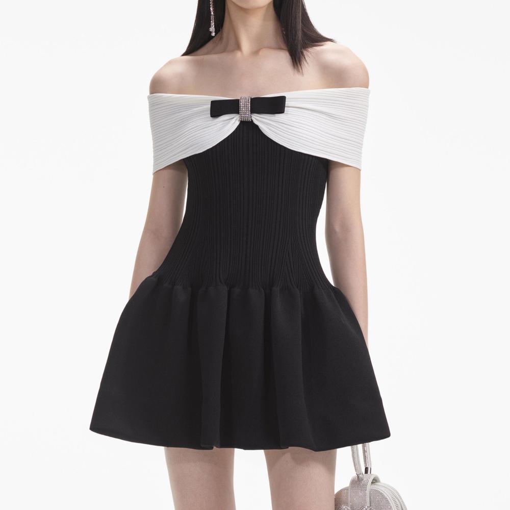 SELF PORTRAIT SS24 Black Knit Bow Mini Dress