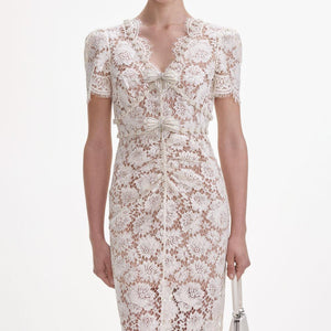 SELF PORTRAIT SS25 VIP PRICE Cream Fine Lace Pearl Midi Dress