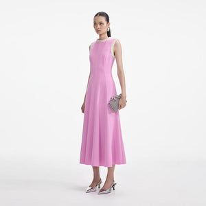 SP VIP PRICE Pink Crepe Pearl Trim Midi Dress