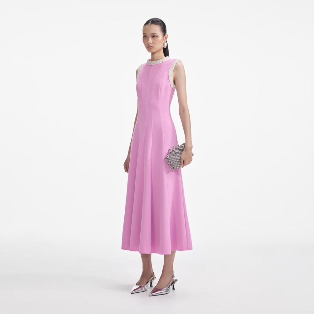 SELF PORTRAIT SS24 Pink Crepe Pearl Trim Midi Dress