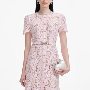 SP VIP PRICE Pink Lace Bow Trim Midi Dress