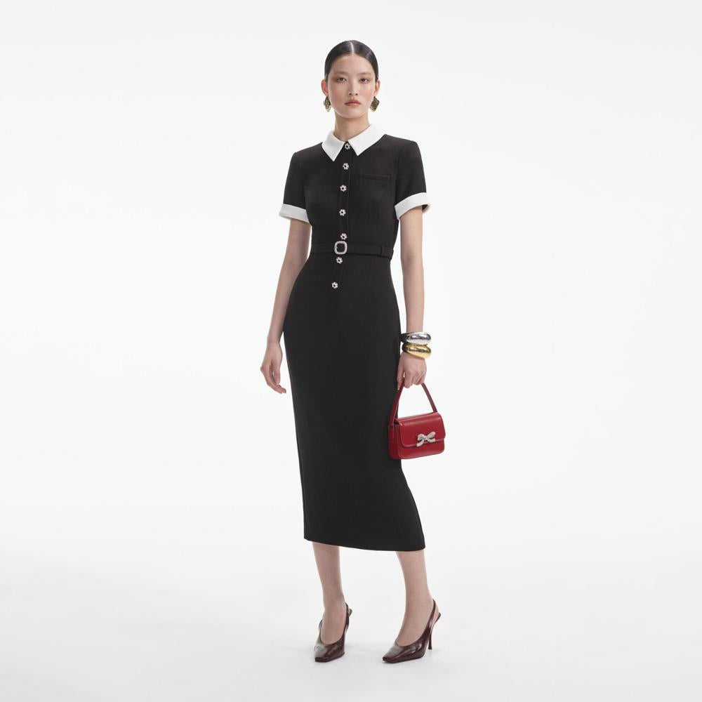 SELF PORTRAIT VIP SS24 Black Crepe Contrast Midi Dress