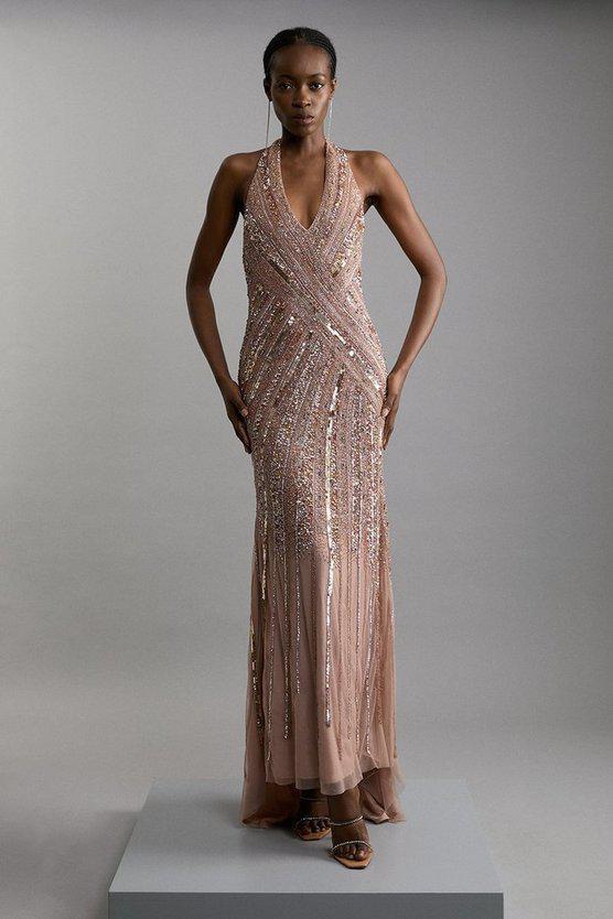 Karen Millen UK SALE Metallic Embellished And Beaded Halter Maxi Dress