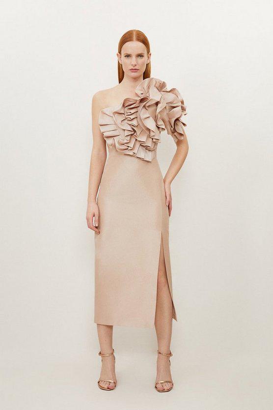 Karen Millen UK SALE Tall Metallic Taffeta Rosette Maxi Bardot Dress
