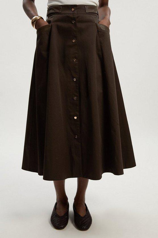 Karen Millen UK SALE Cotton & Faux Leather Tab Full Maxi Skirt - chocolate
