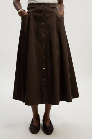Karen Millen UK SALE Cotton & Faux Leather Tab Full Maxi Skirt - chocolate