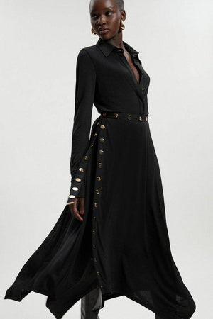 Karen Millen UK SALE Drapey Crepe Hanky Hem Eyelet Detail Maxi Skirt - black