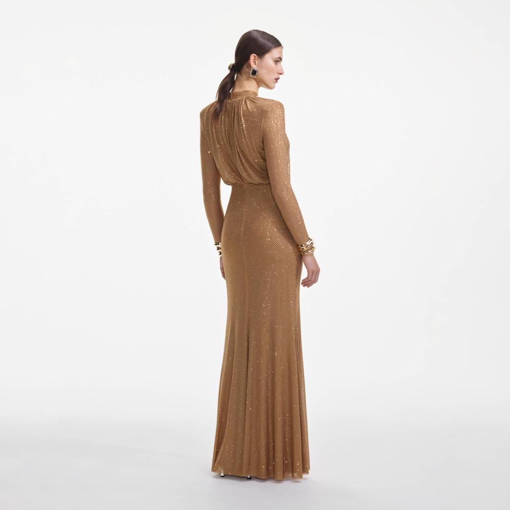 SELF PORTRAIT SS25 VIP PRICE Brown Rhinestone Gathered Maxi Dress