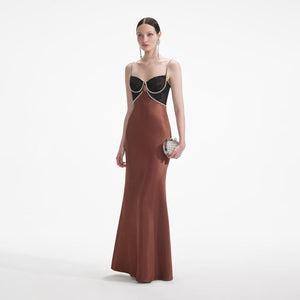 SELF PORTRAIT SS24 Brown Satin Diamante Maxi Dress