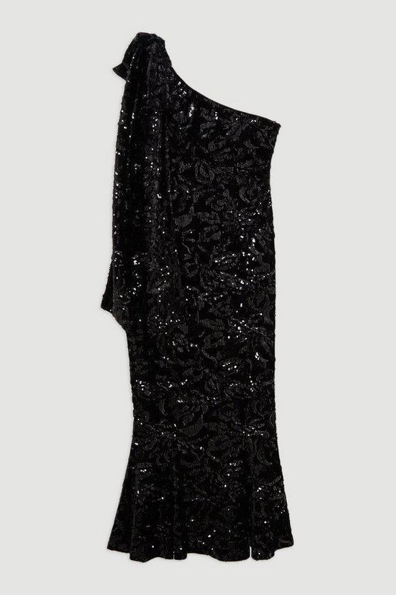 Karen Millen UK SALE Velvet Sequin One Shoulder Woven Maxi Dress - black