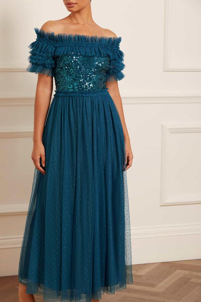 Needle & Thread CYBER SALE Sequin Wreath Bodice Off-Shoulder Ankle Gown - blue