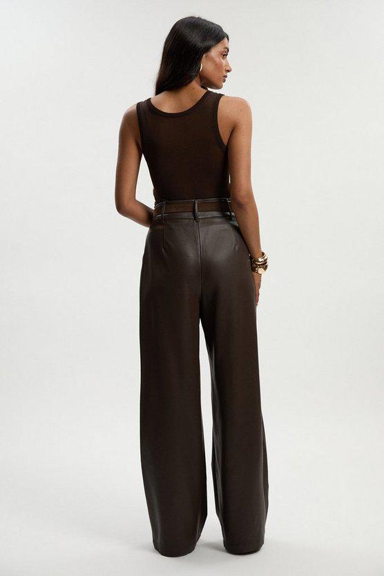 Karen Millen UK SALE Faux Leather High Waisted Wide Leg Trousers - chocolate