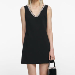 SP VIP PRICE Black Crepe Crystal Trim Mini Dress