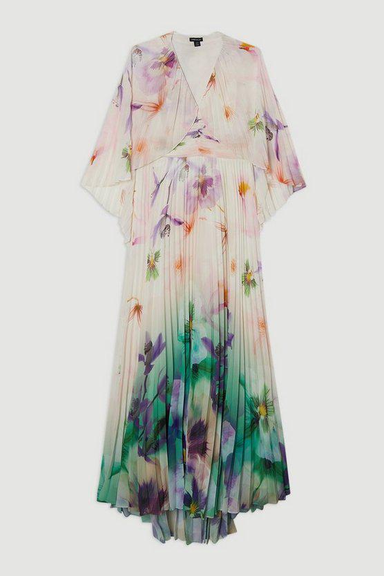 Karen Millen UK SALE Pleated Floral Cape Sleeve Plunge Neck Woven Maxi Dress