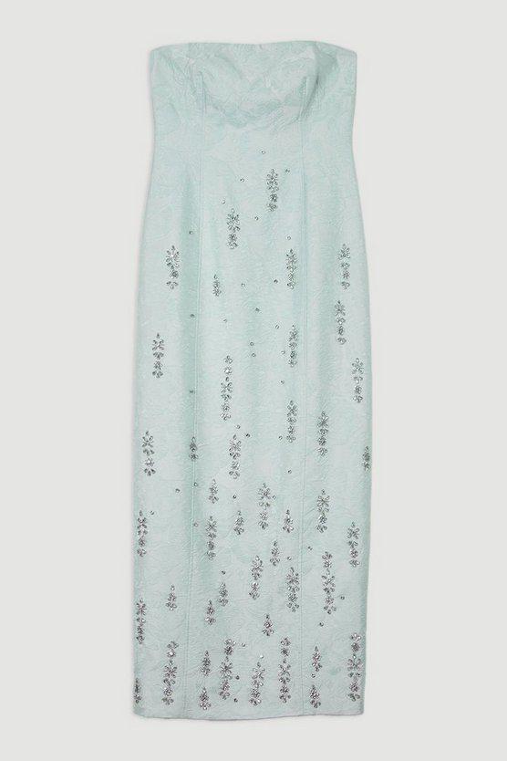 Karen Millen UK SALE Texture Jacquard Crystal Embellished Strapless Mini Dress - sage