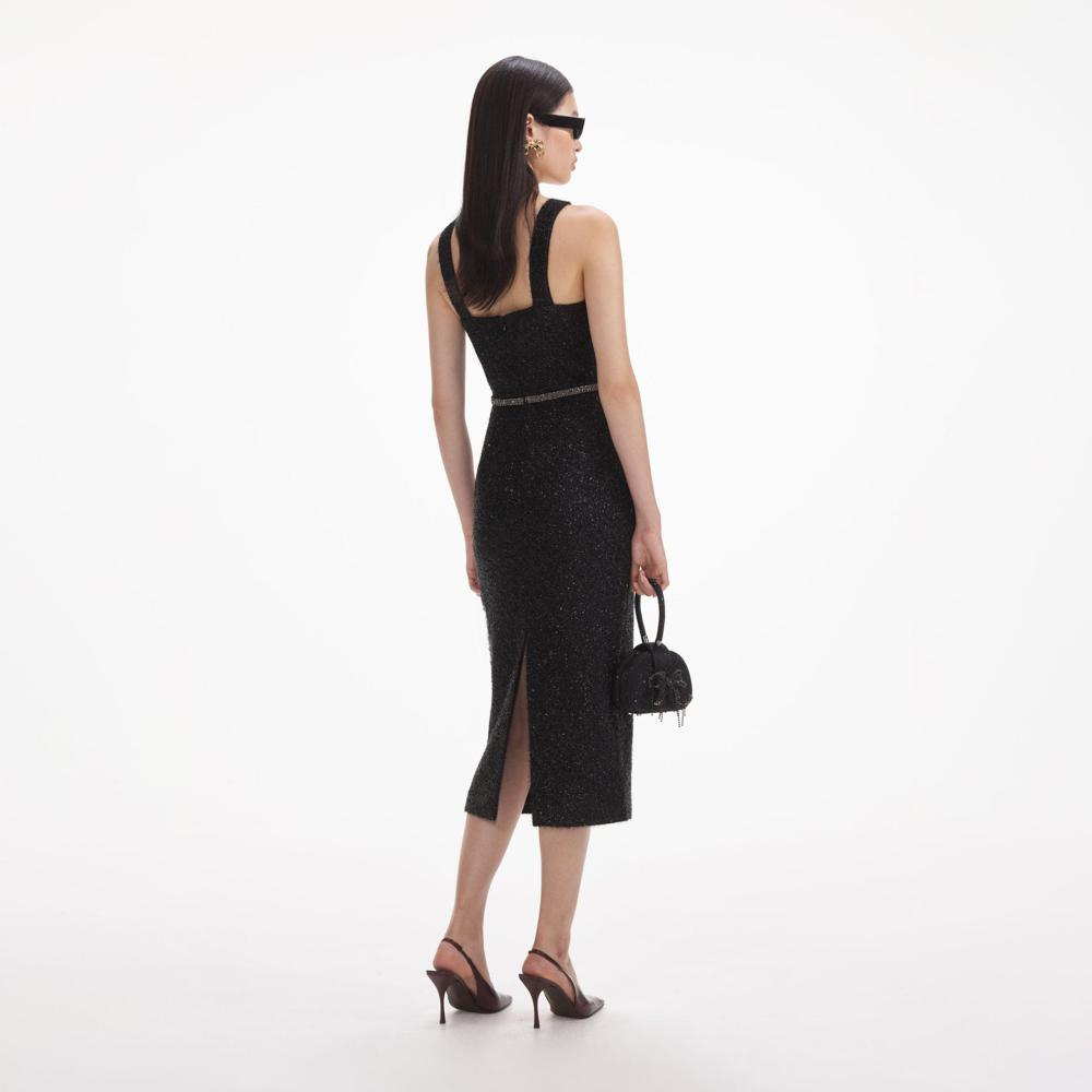 SELF PORTRAIT SS24 Black Tinsel Boucle Midi Dress