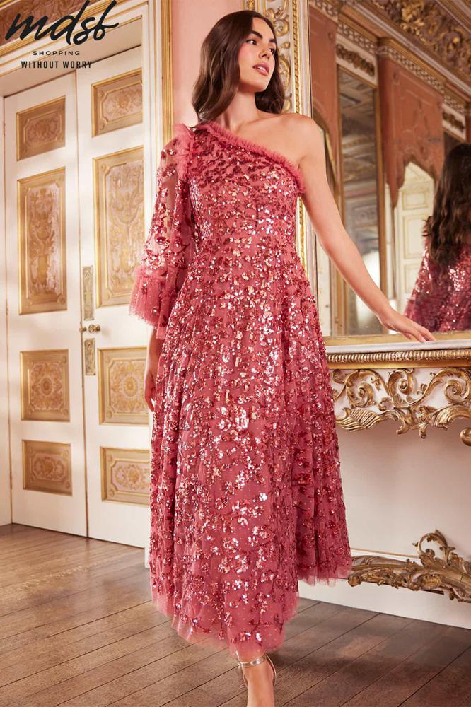 Needle & Thread CHRISTMAS SALE Falling Leaves One-Shoulder Ankle Gown - pink