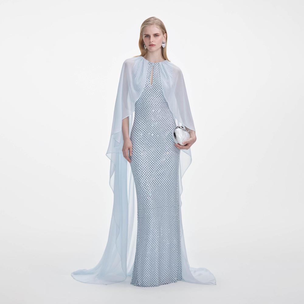 SELF PORTRAIT SS25 VIP PRICE Pale Blue Rhinestone Cape Maxi Dress