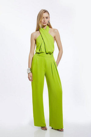 Karen Millen UK SALE Soft Tailored Halterneck Straight Leg Jumpsuit - lime