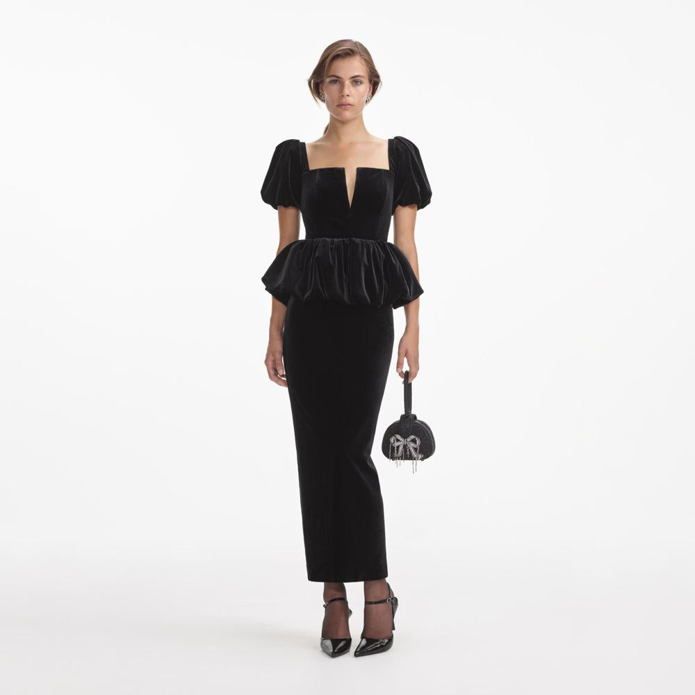 SELF PORTRAIT SS24 Black Velvet Peplum Midi Dress