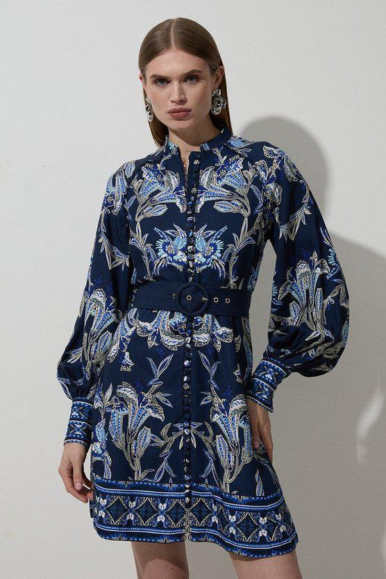 Karen Millen UK SALE Viscose Linen Mirrored Floral Woven Mini Dress With Raffia Belt