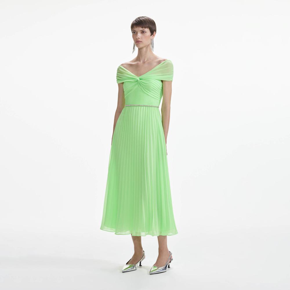 SELF PORTRAIT SS24 Green Off Shoulder Chiffon Midi Dress