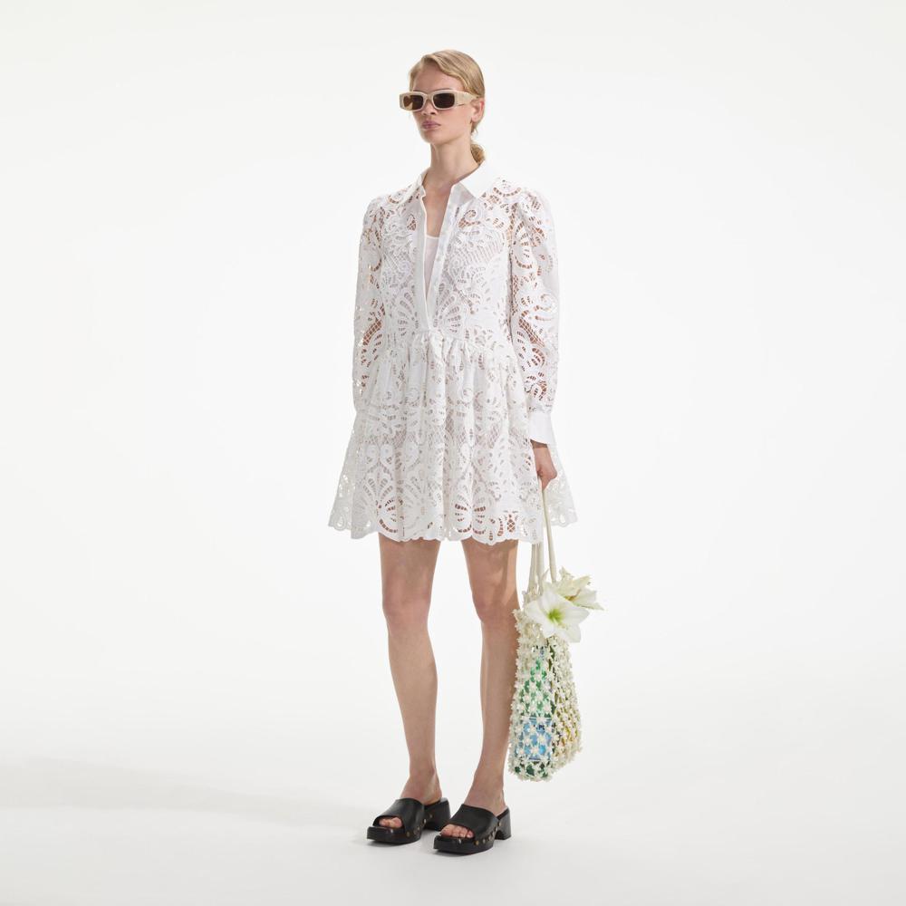 SELF PORTRAIT SS24 White Cotton Lace Mini Shirt Dress