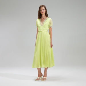 SELF PORTRAIT BLACK FRIDAY SALE Lime Chiffon Midi Dress Lace Detail