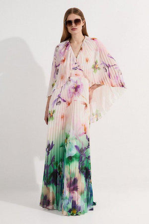 Karen Millen UK SALE Pleated Floral Cape Sleeve Plunge Neck Woven Maxi Dress