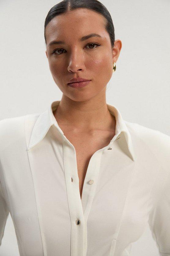 Karen Millen UK SALE Power Shoulder Drapey Crepe Seam Detail Shirt - ivory