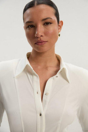 Karen Millen UK SALE Power Shoulder Drapey Crepe Seam Detail Shirt - ivory