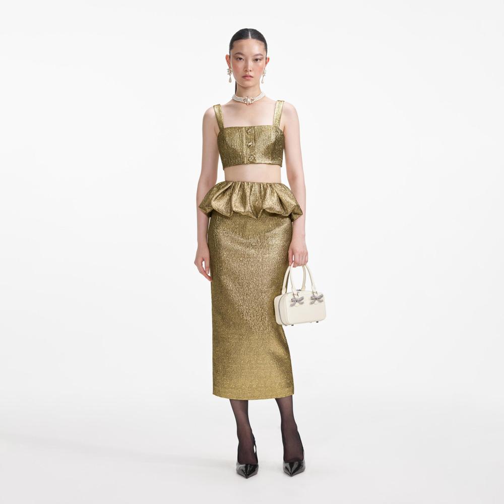 SELF PORTRAIT SS24 Gold Metallic Jacquard Midi Skirt