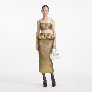 SELF PORTRAIT SS24 Gold Metallic Jacquard Midi Skirt