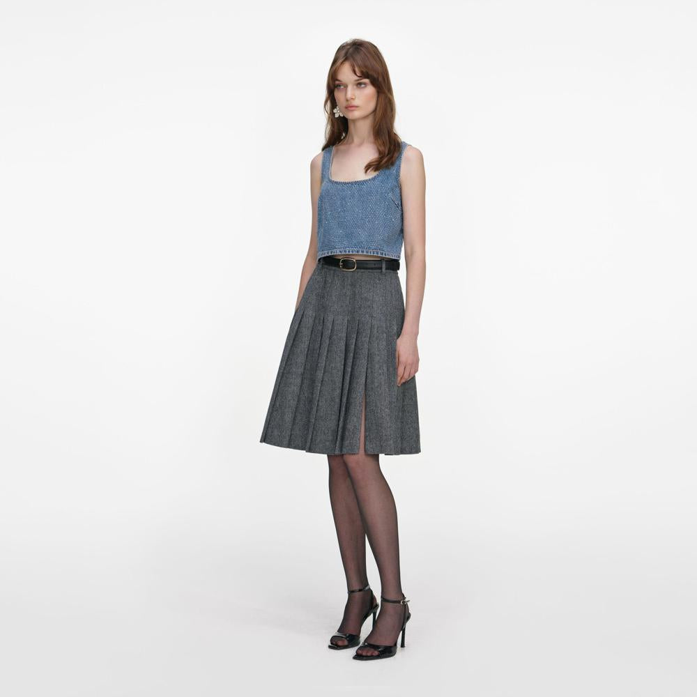 SP VIP PRICE Grey Herringbone Pleated Midi Skirt
