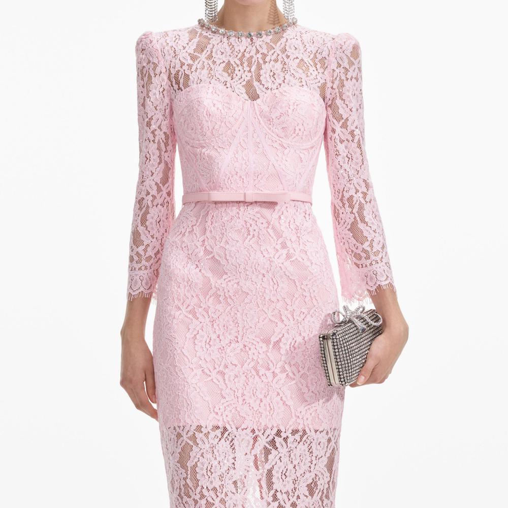 SELF PORTRAIT SS24 Pink Lace Bustier Midi Dress