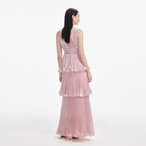 SP VIP PRICE Pink Metallic Tiered Maxi Dress