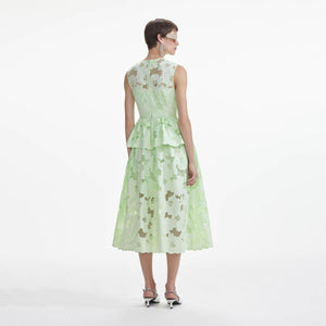 SELF PORTRAIT SS24 Mint Cotton Lace Peplum Midi Dress